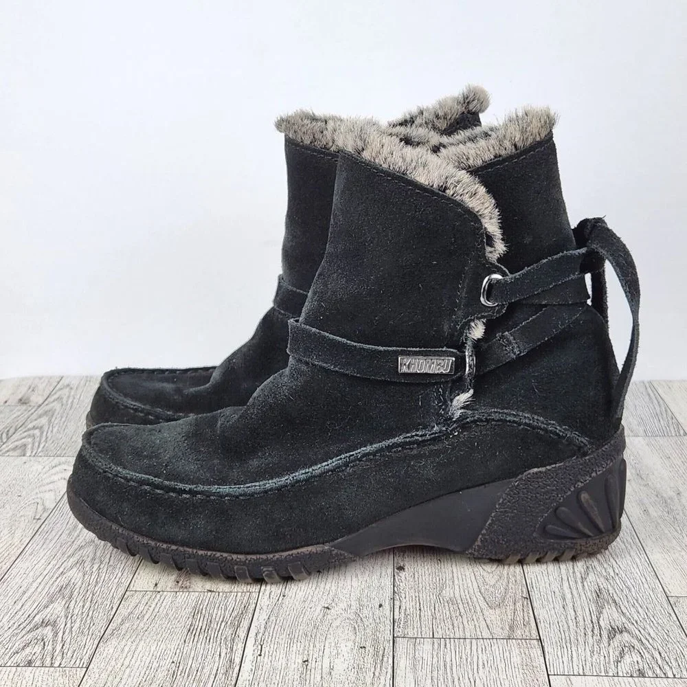 Khombu Womens Ankle Boots Size 7 Black Leather Faux Fur Collar, Leather Tie Up